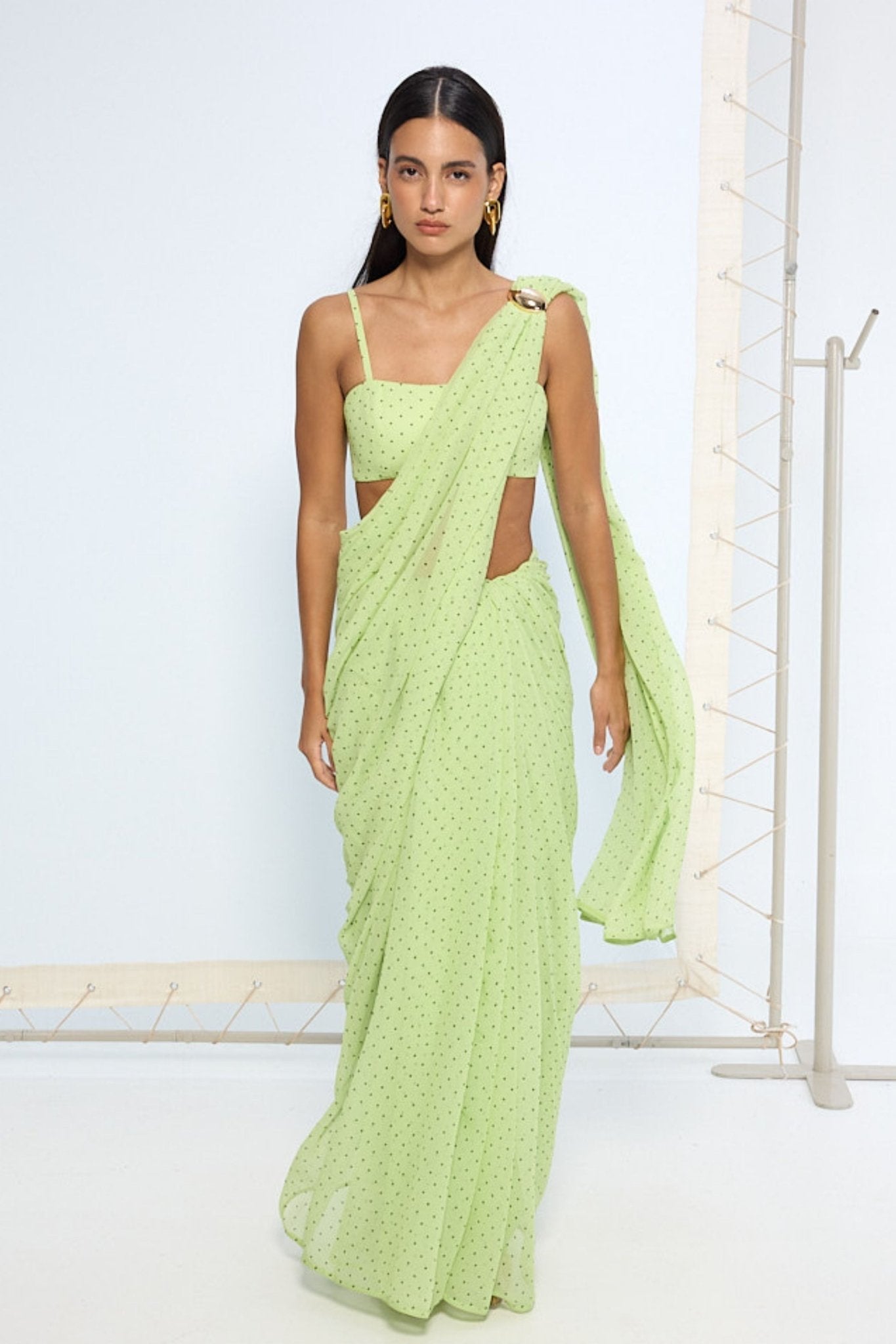 Mint Green Polka Dotted Saree - Ekaya - Elahe