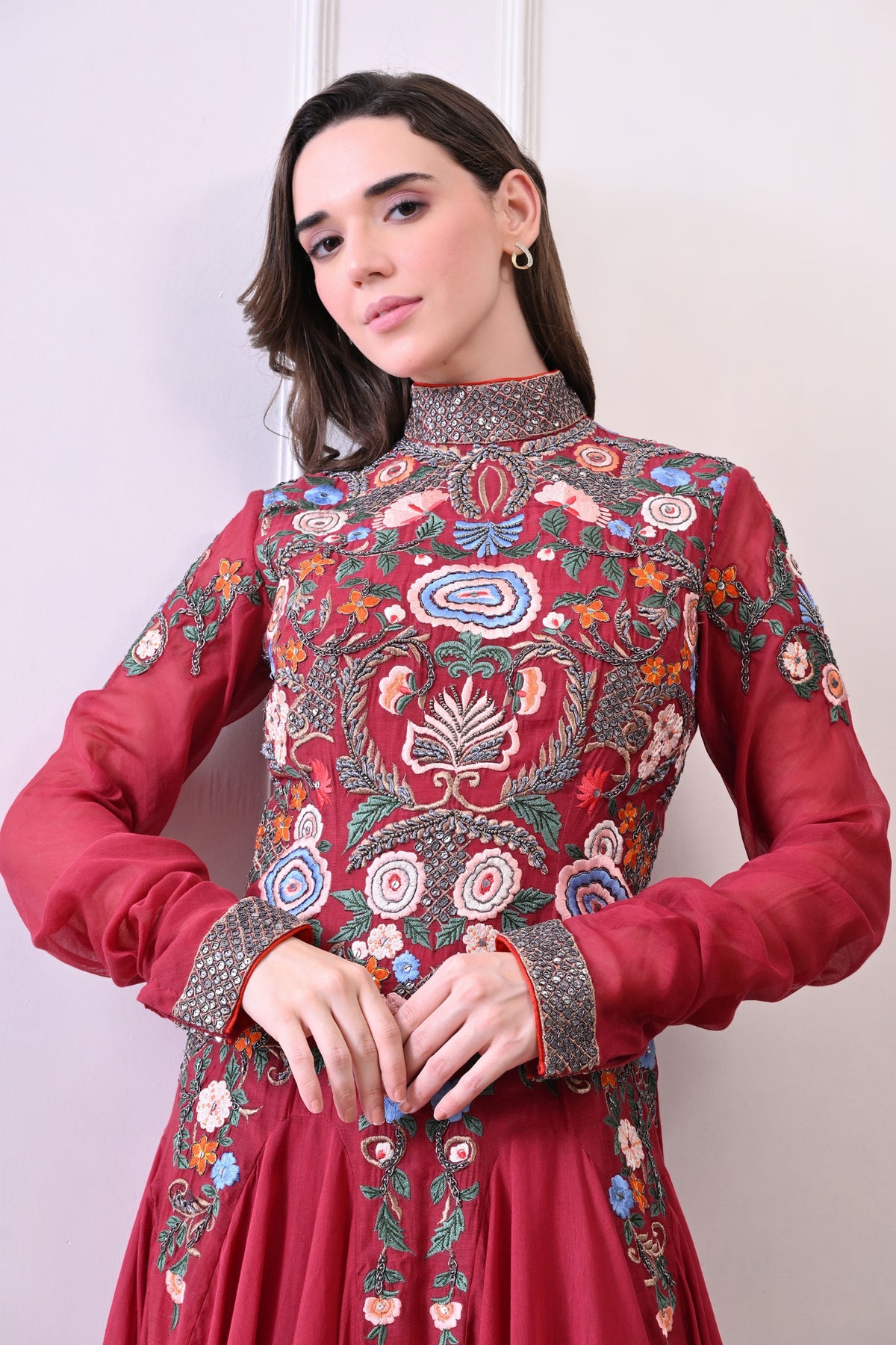 Maroon High-neck Embroidered Anarkali