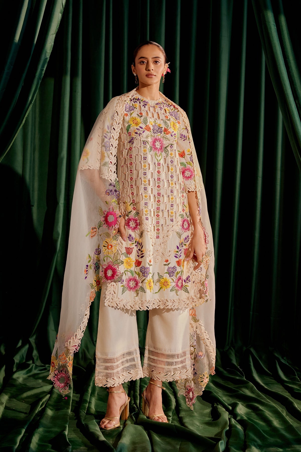 Ivory Multicolor Floral Cutwork Dupatta