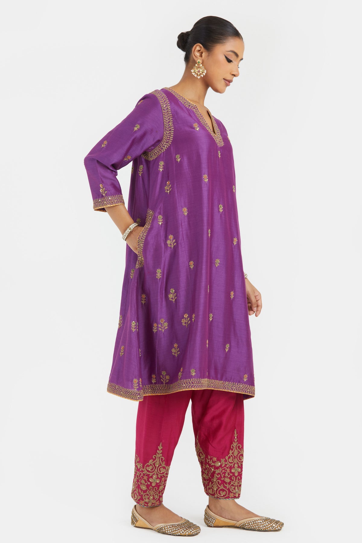 Purple Chanderi A-line Kurta Set