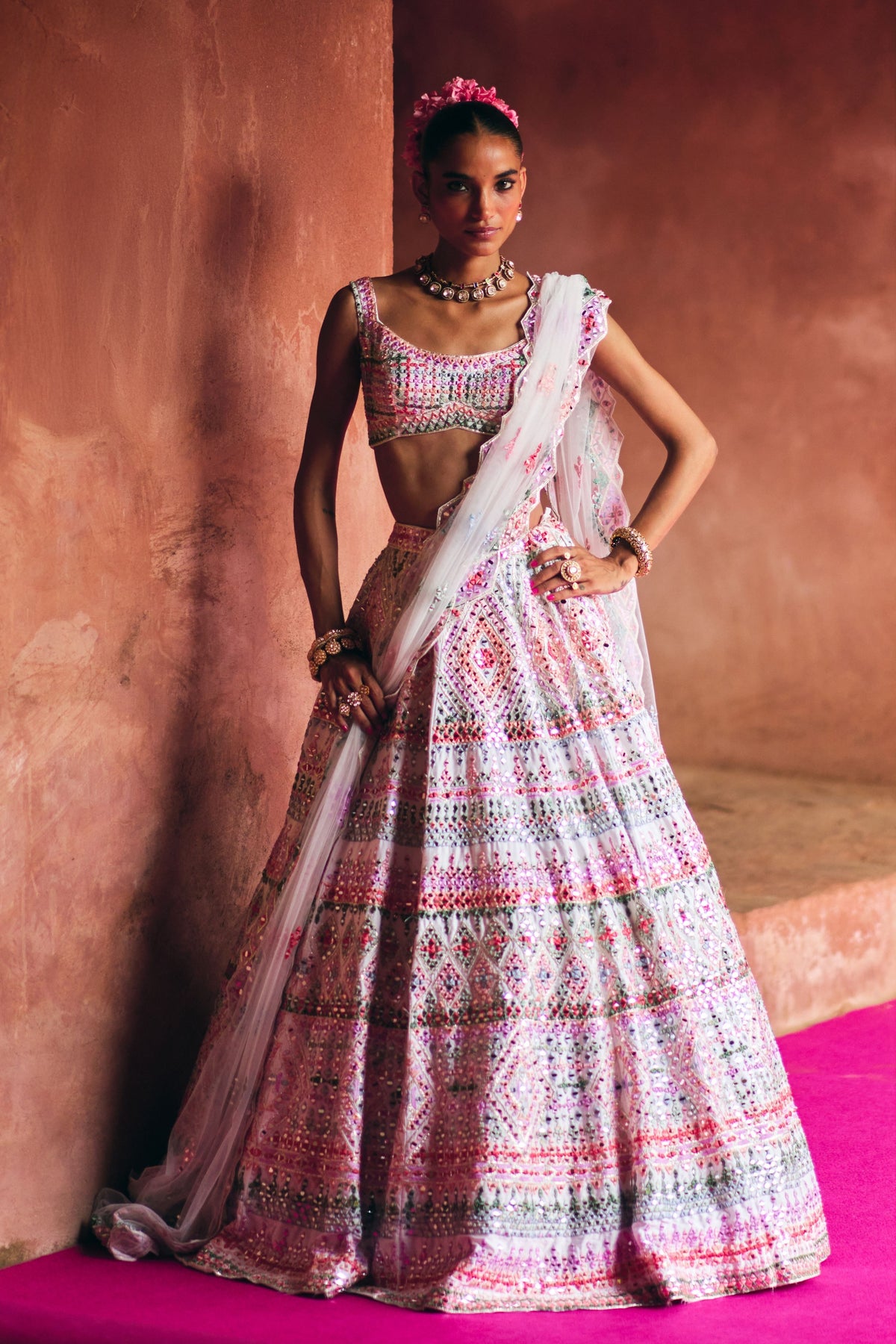 White Raw Silk Lehenga Set