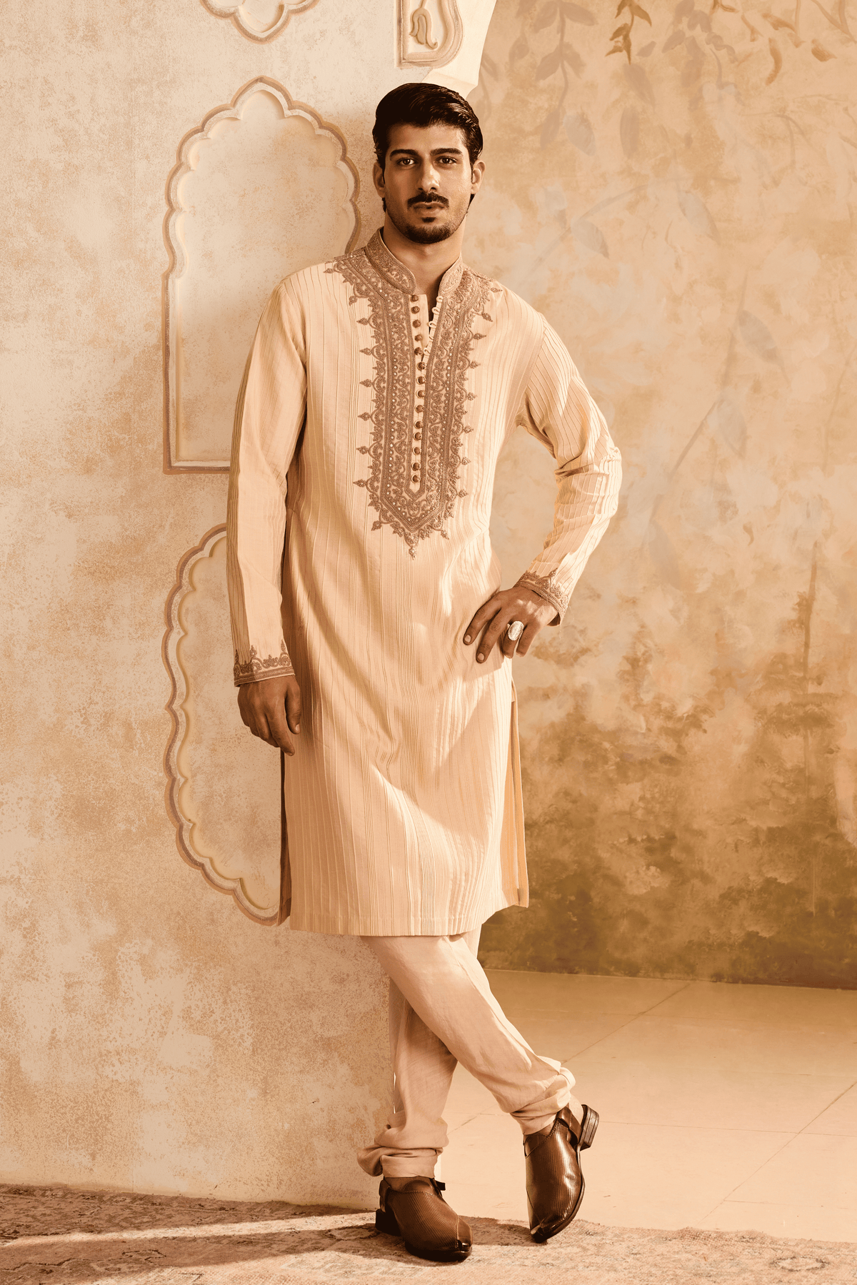 Embroidered Biege Kurta Set