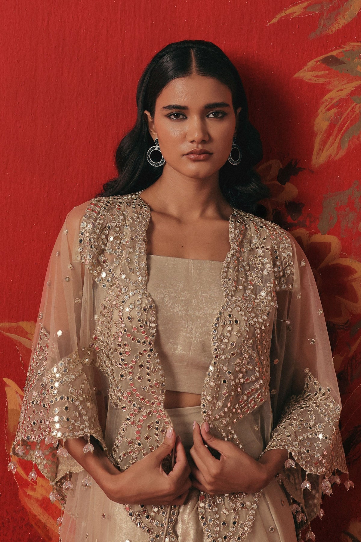 Tulle Mirror Work Cape Set