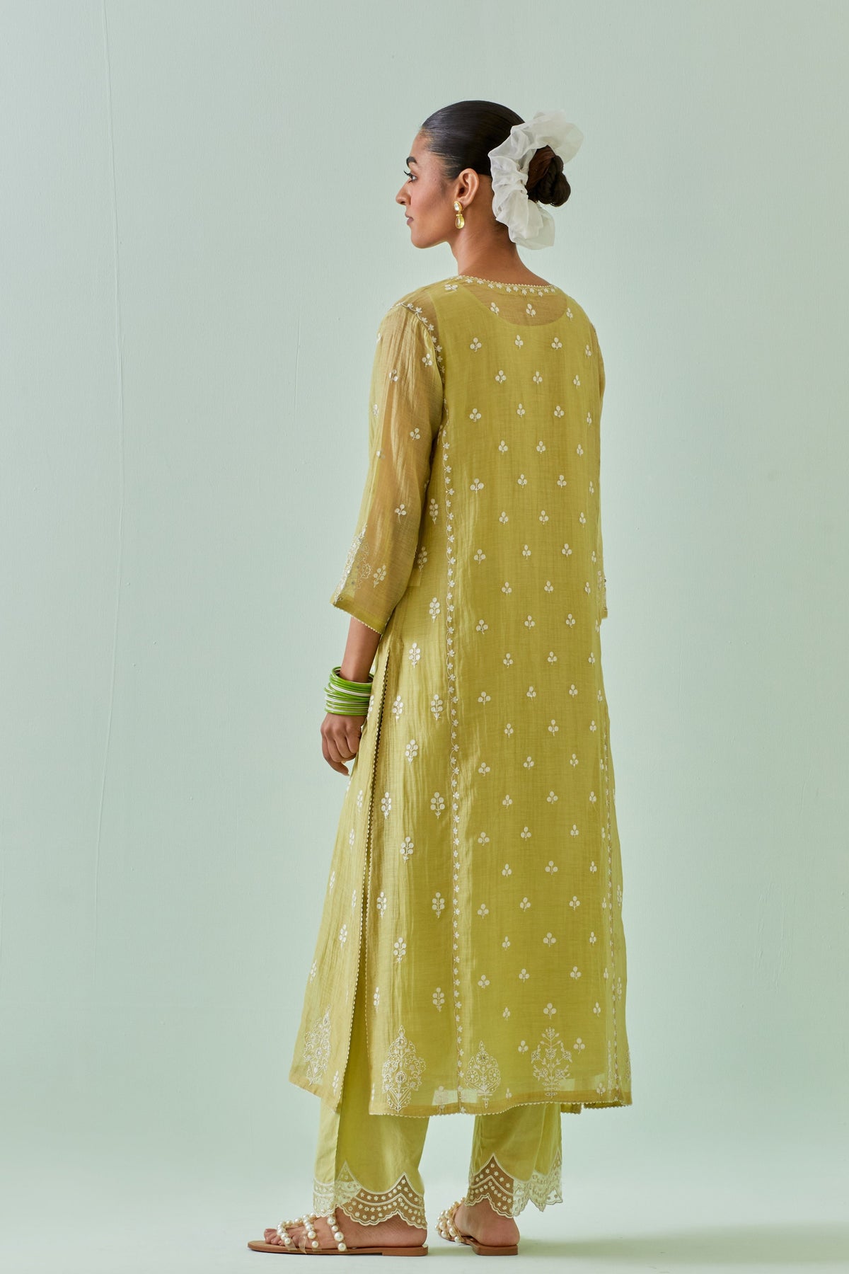 Green Scalloped Straight Kurta Set