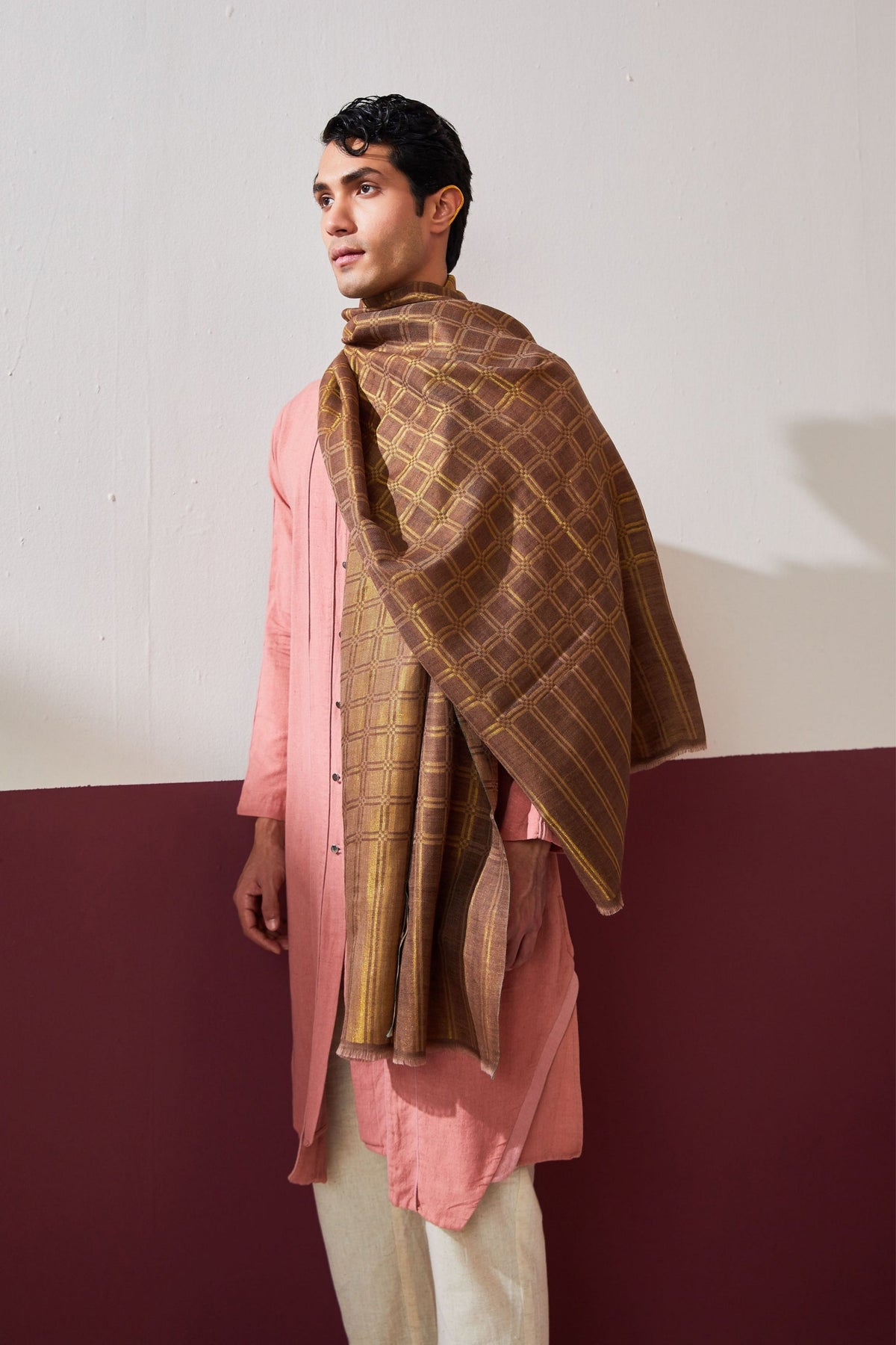 Zari Check Reversible Mud Brown Stole
