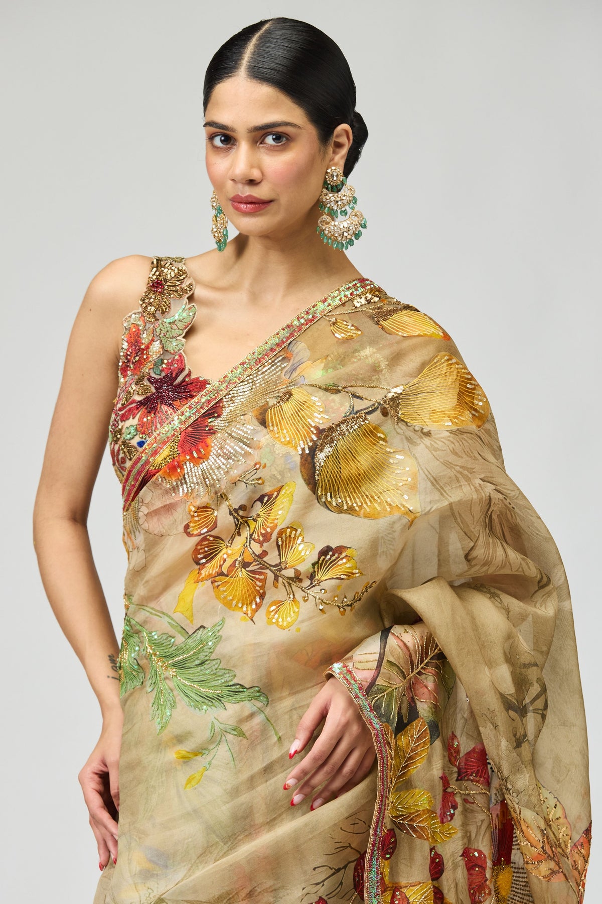 Beige Flower Motif Saree Set