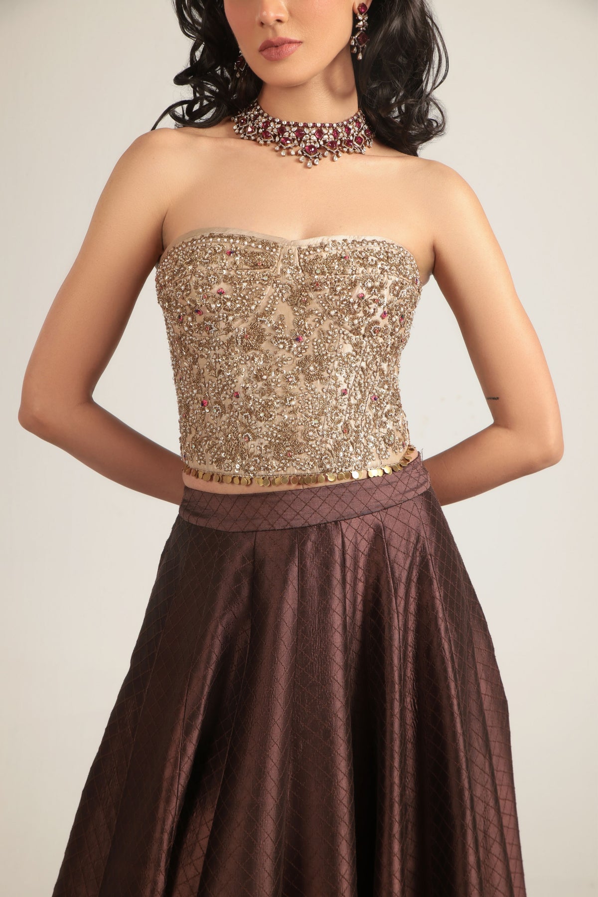 Brown Corset Quilted Lehenga Set