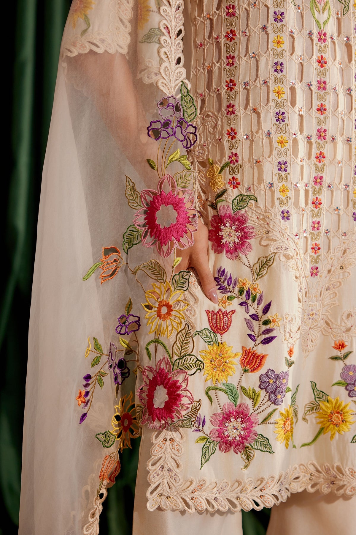 Ivory Multicolor Floral Cutwork Dupatta