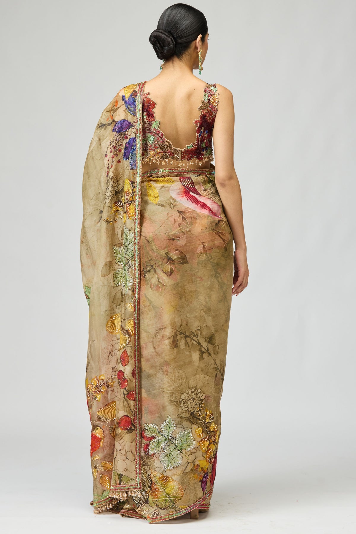 Beige Flower Motif Saree Set