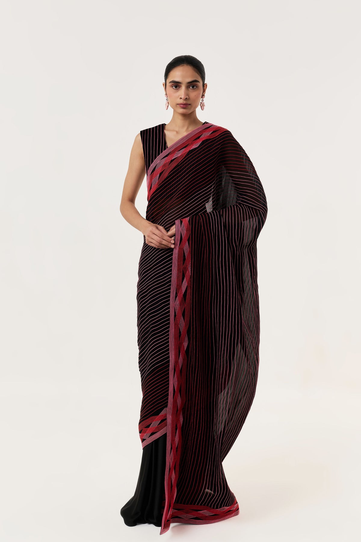 Entwined Black Red Corded Saree