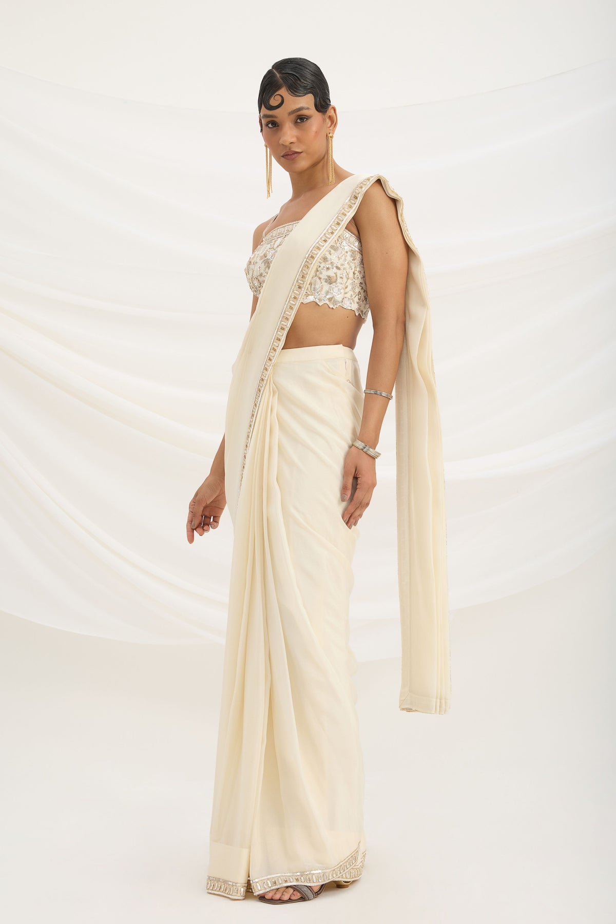 Beige Drape Saree Set