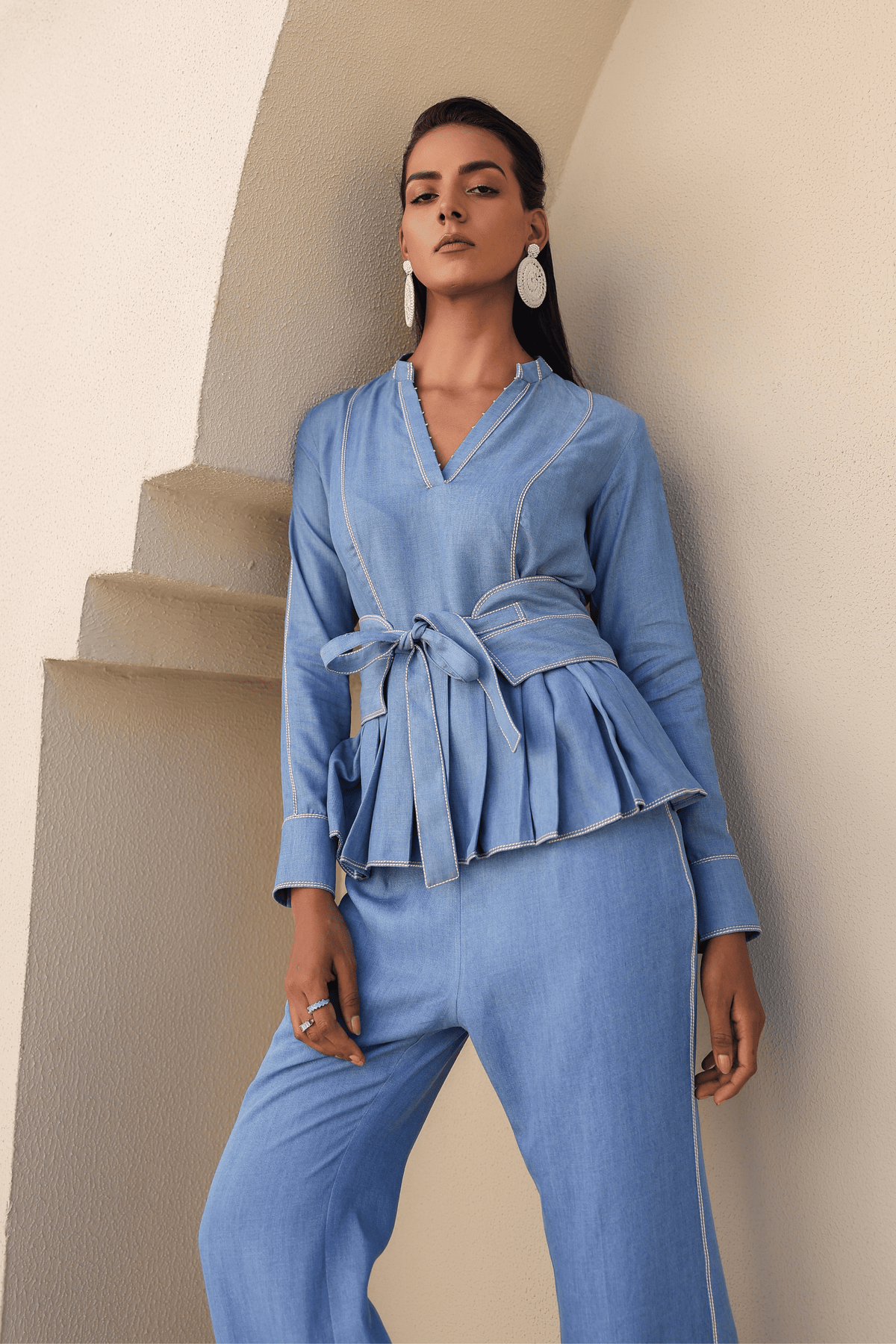 Azure Pleated Peplum Co-ord Set in Light Blue