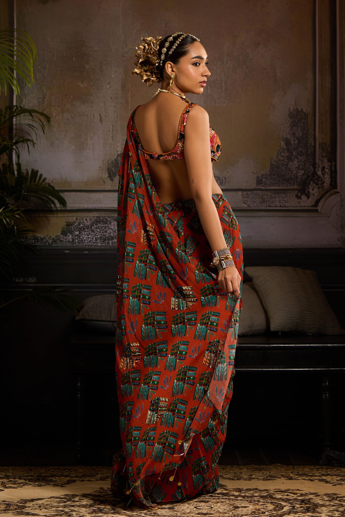 Embellished Draped Saree Set in Rust