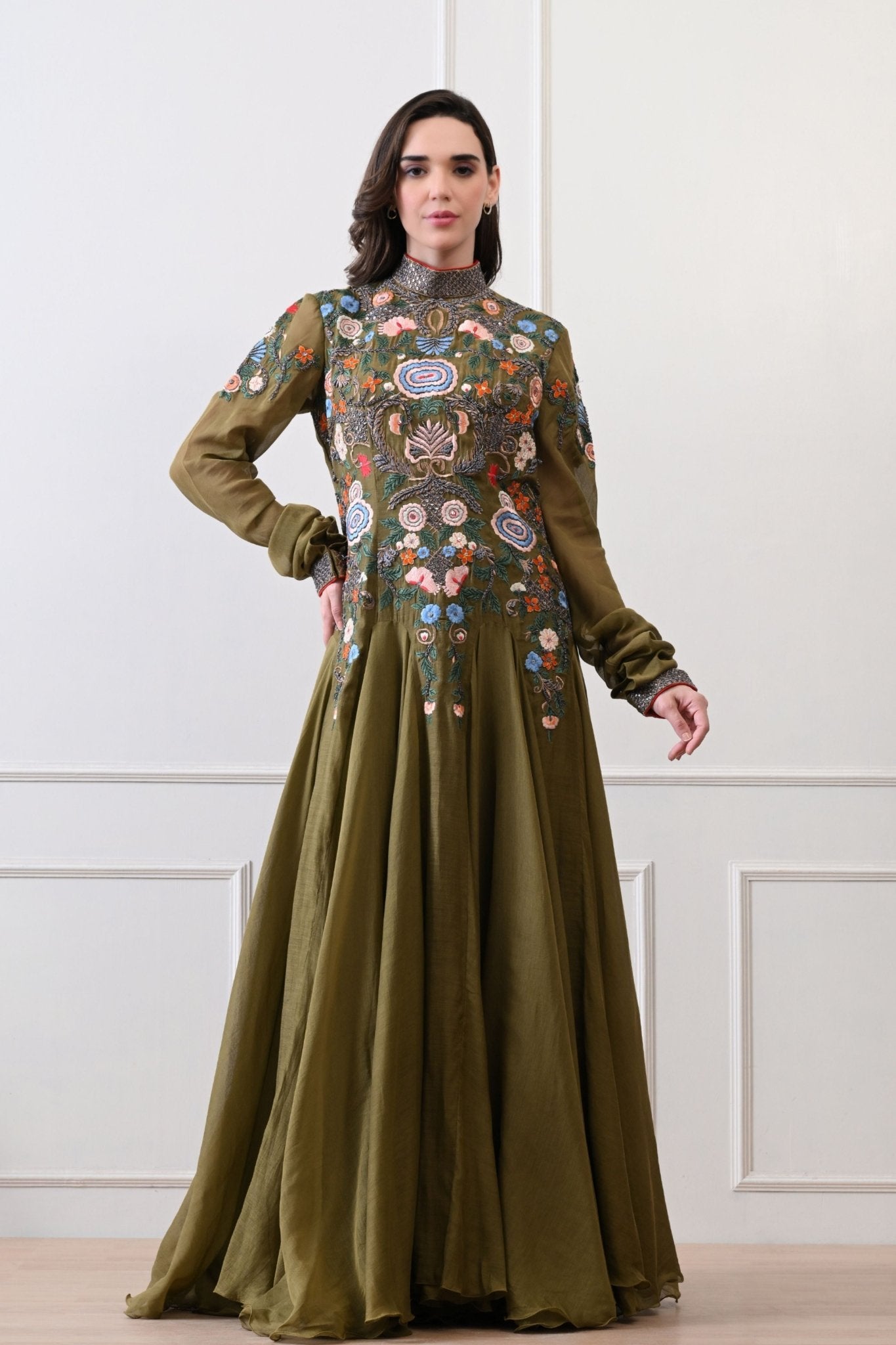Olive High - neck Embroidered Anarkali - Samant Chauhan - Elahe