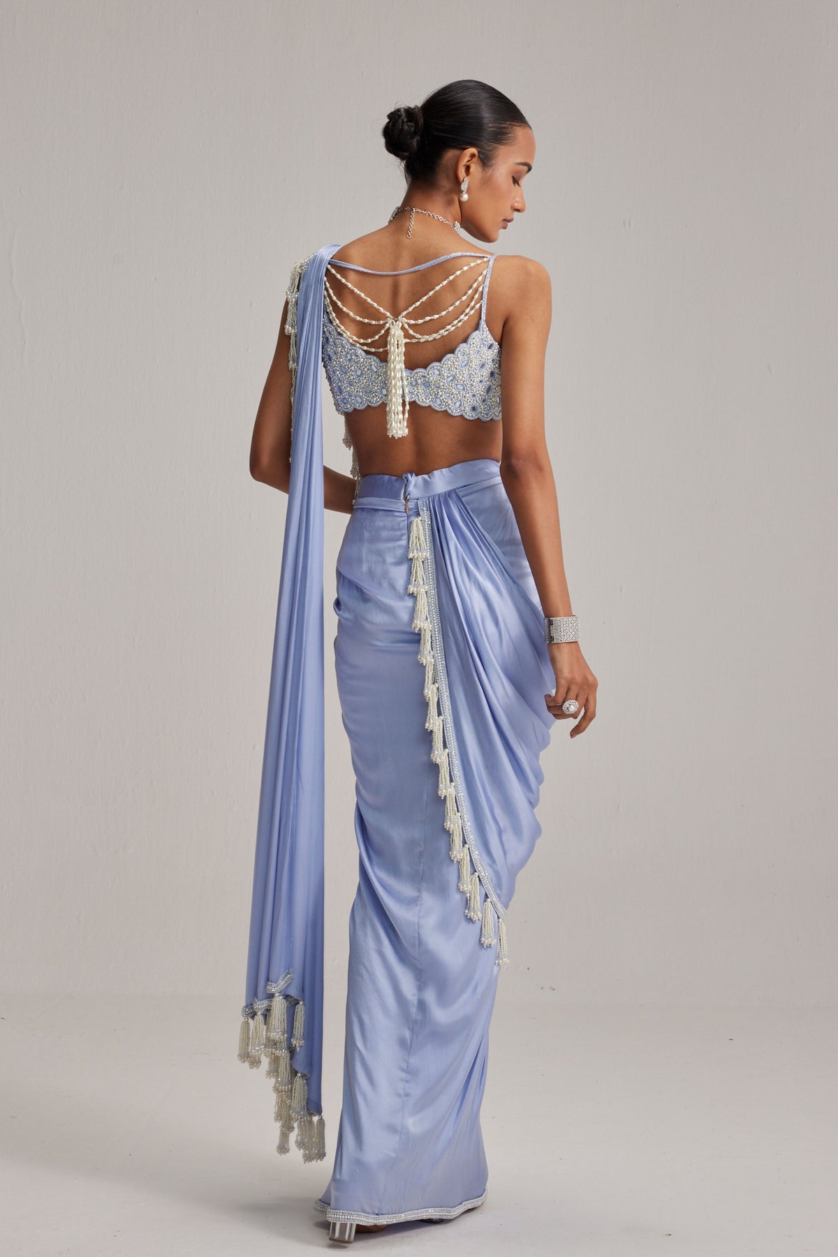 Dew Blue Satin Draped Saree Set