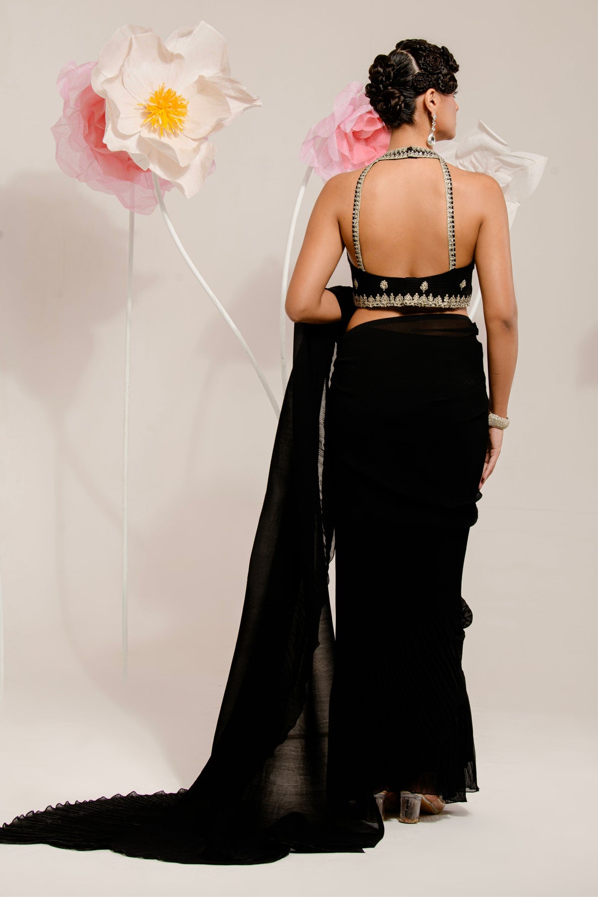 Pre-draped Black Pleated Saree Set