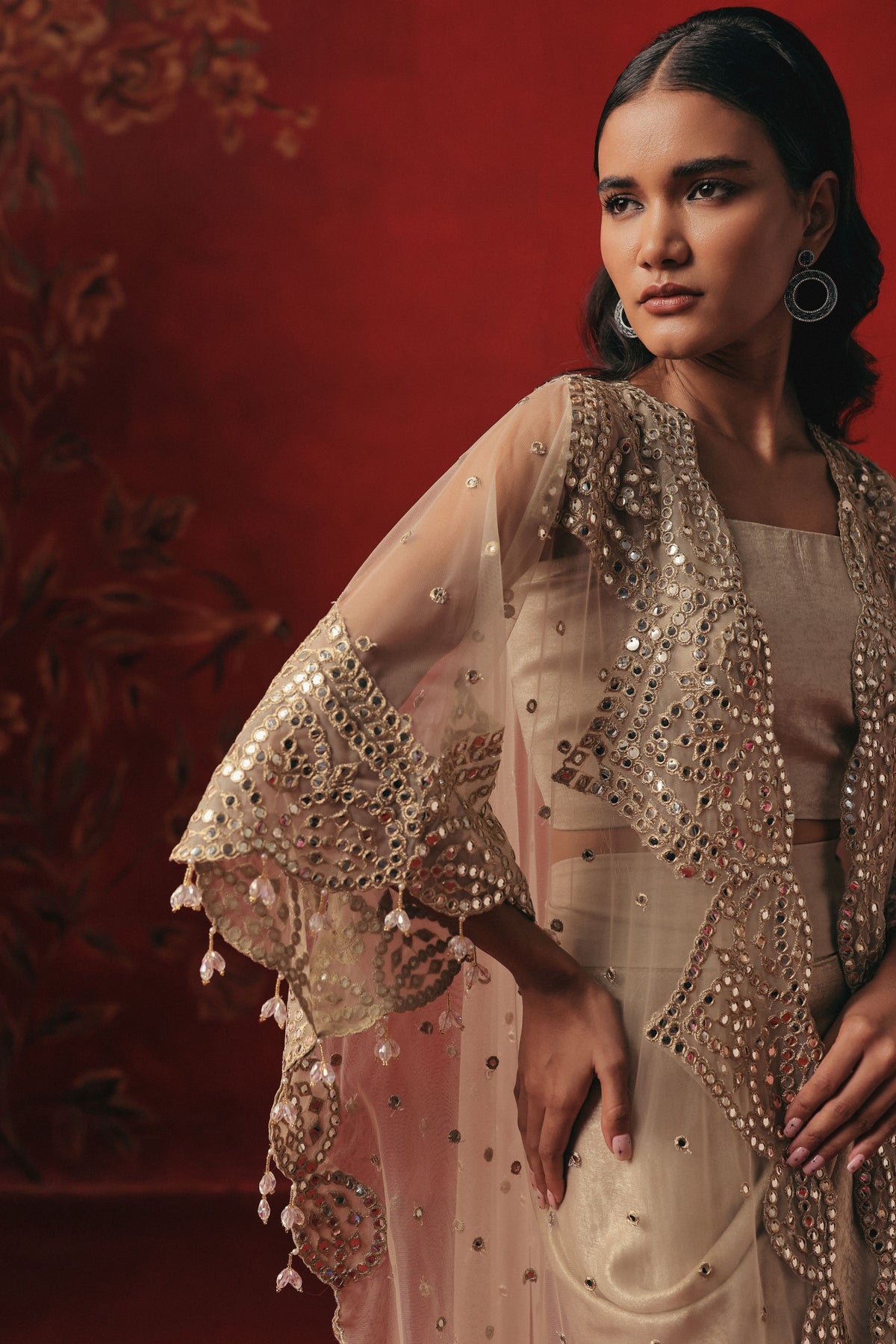 Tulle Mirror Work Cape Set