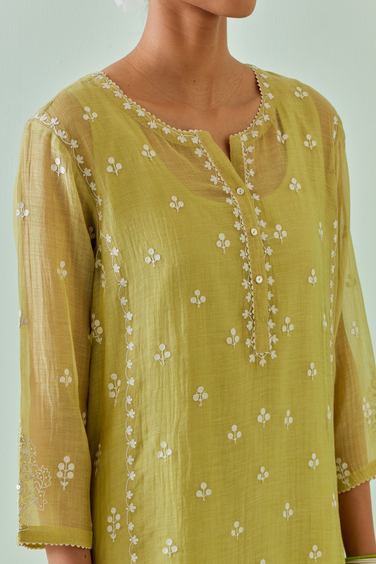 Green Scalloped Straight Kurta Set