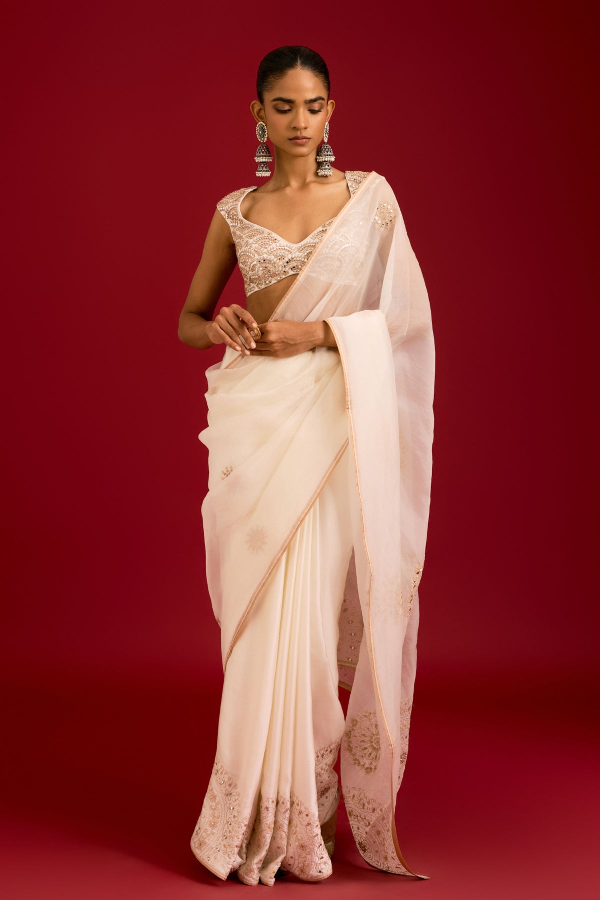 Ivory Embroidered Saree Set