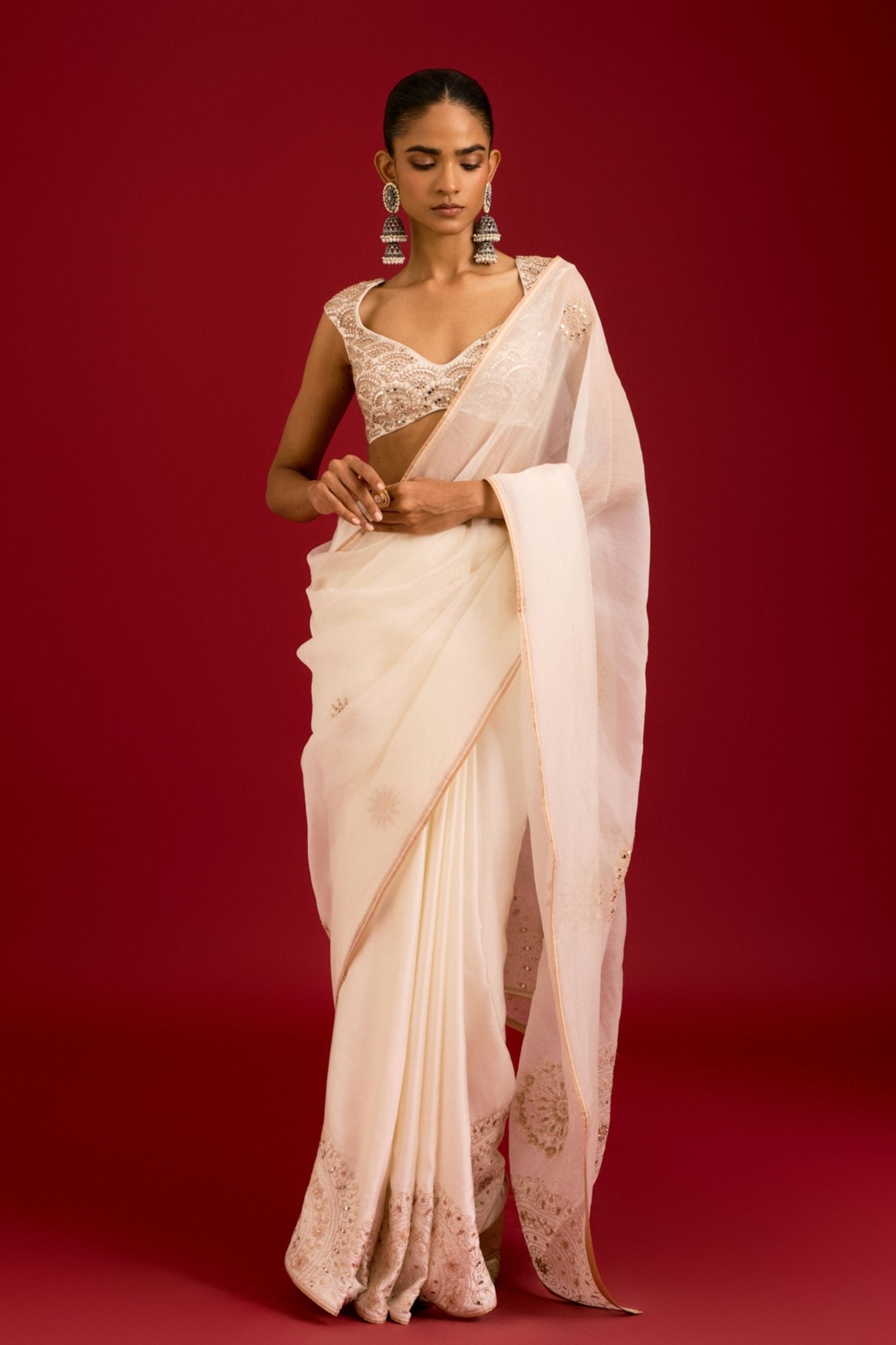 Ivory Embroidered Saree Set - Devnaagri - Elahe