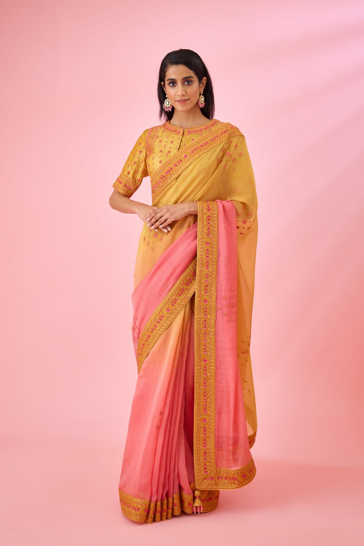 Yellow pink ombre Saree set