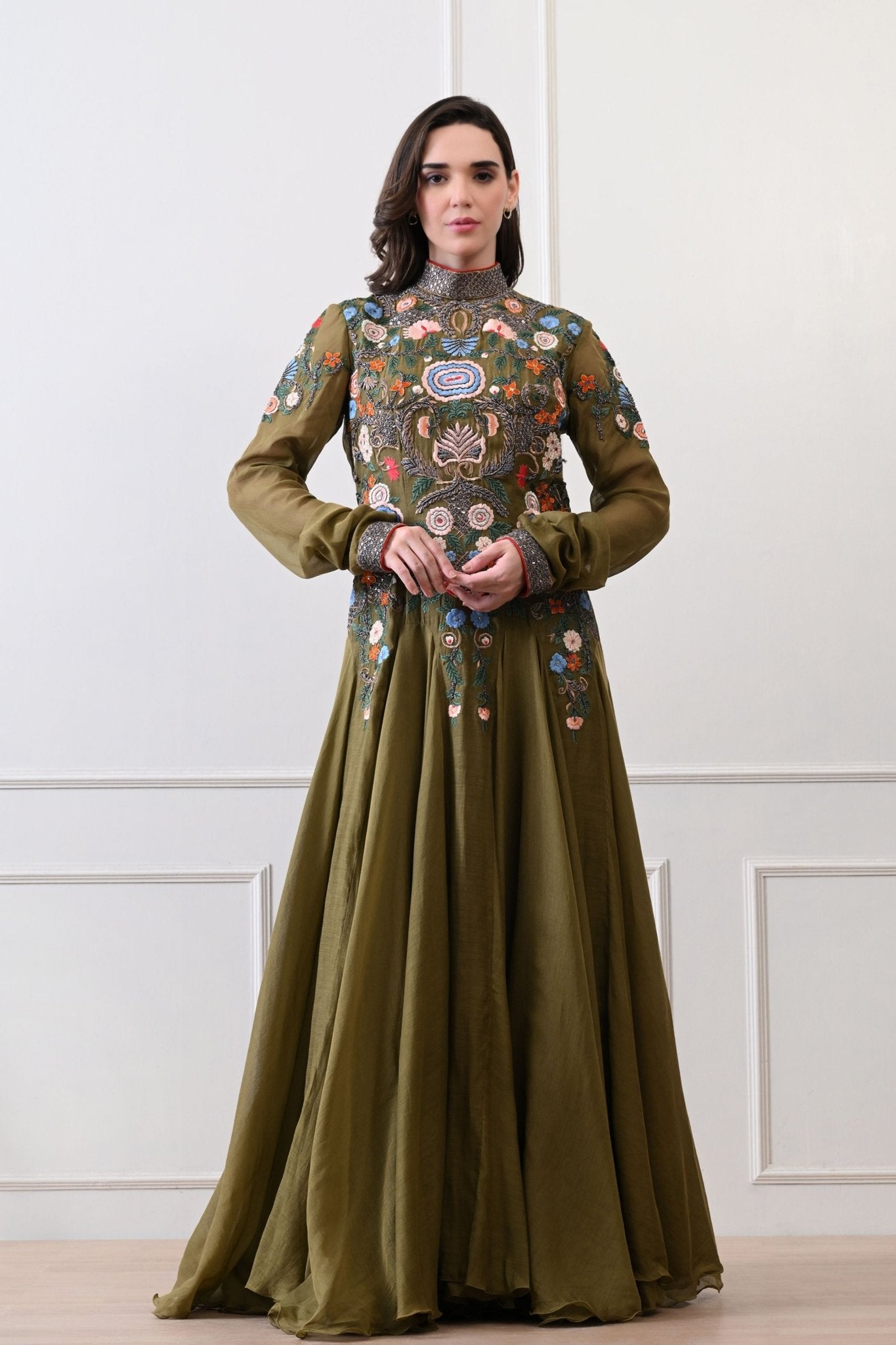 Olive High - neck Embroidered Anarkali - Samant Chauhan - Elahe