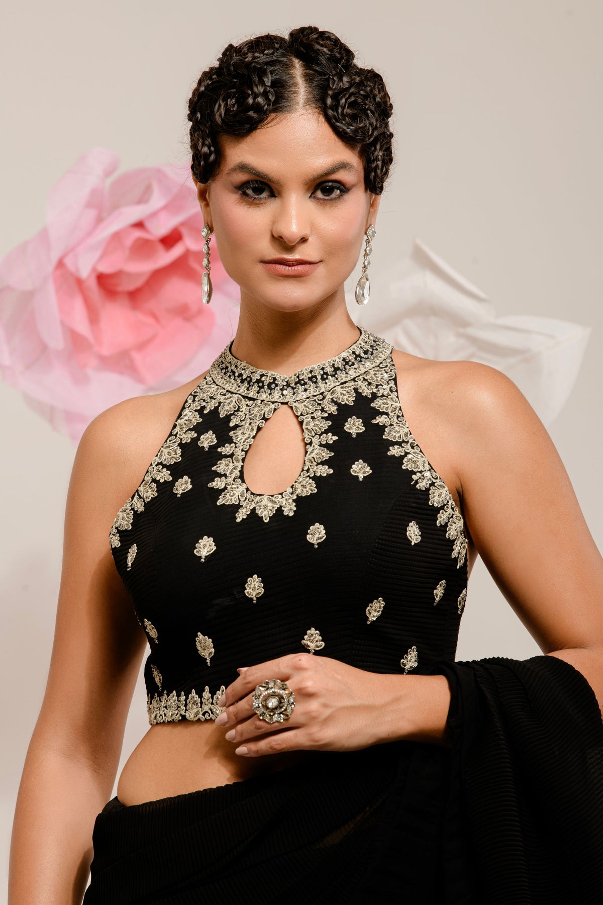 Pre-draped Black Pleated Saree Set