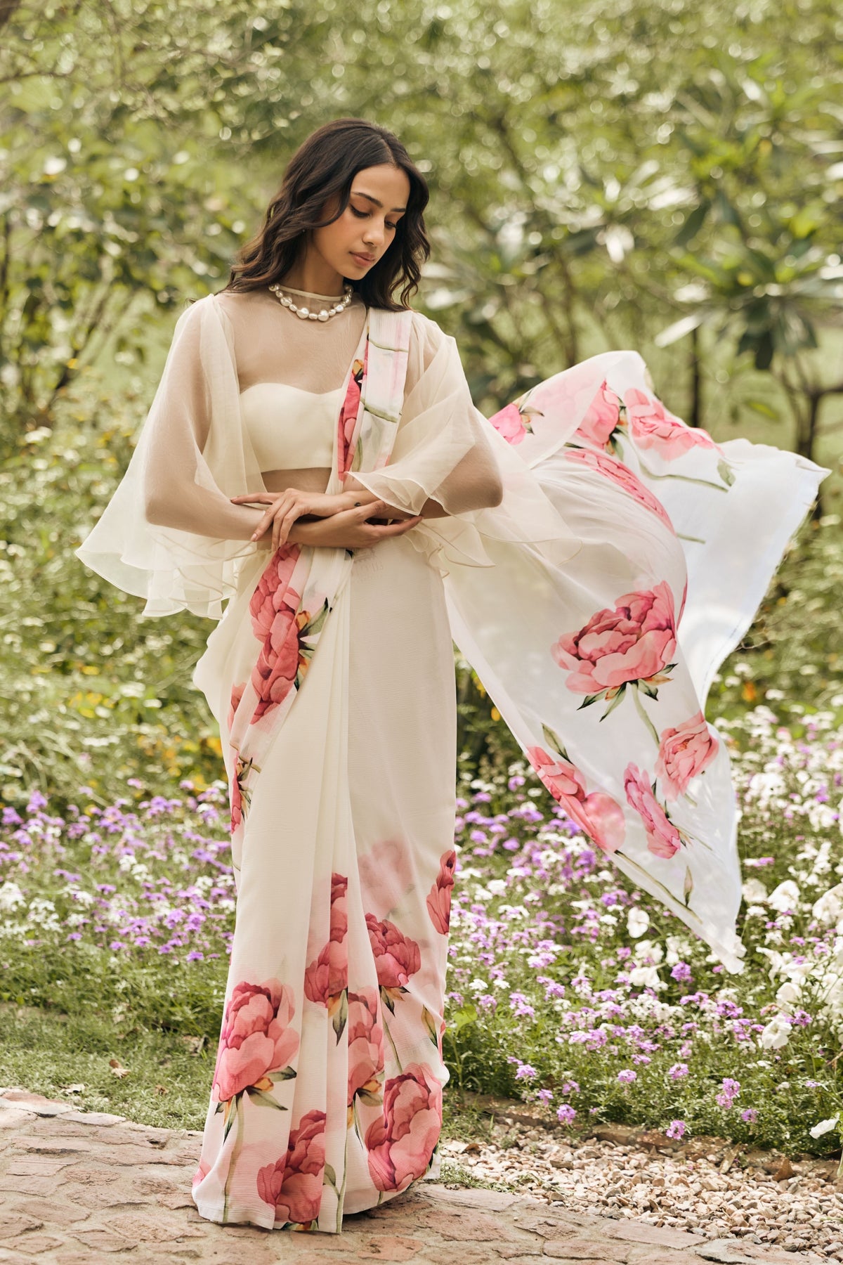 Monica White Chiffon Saree