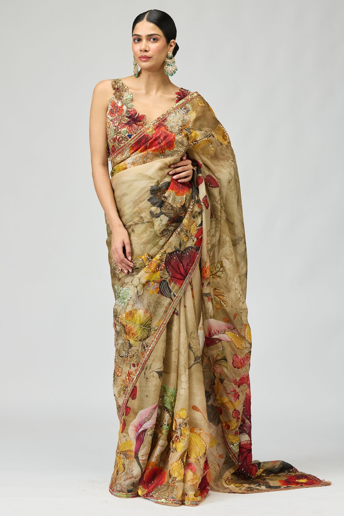 Beige Flower Motif Saree Set