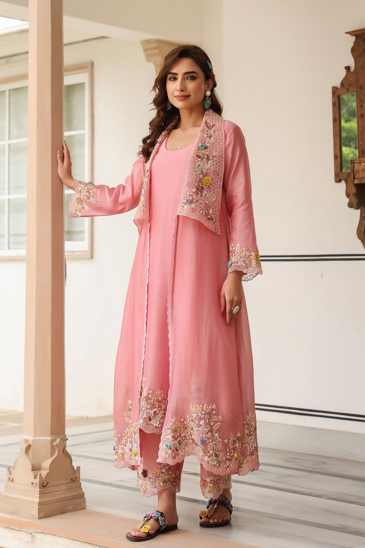 Gulzar Pink Embroidered Jacket Set