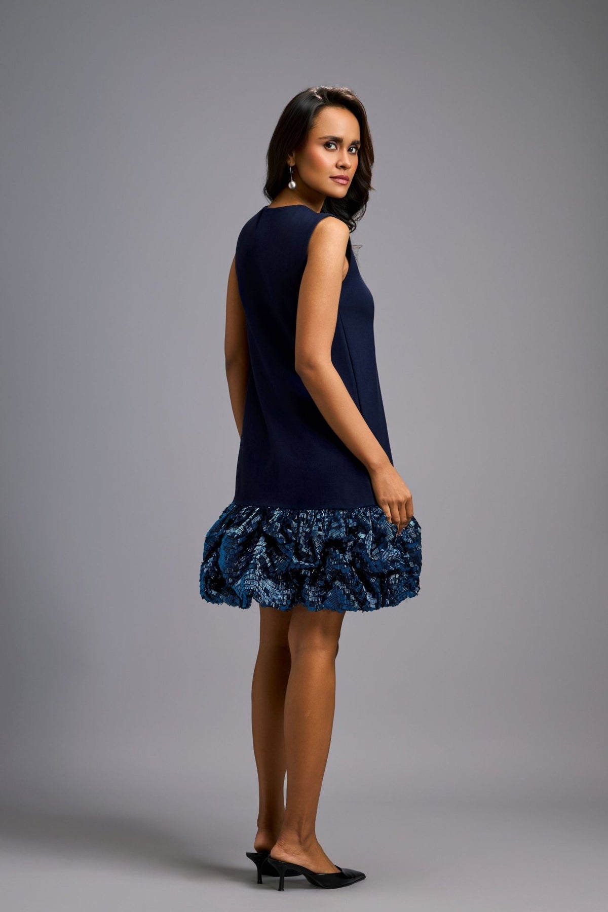 Ruffled Shimmer Navy Dress - Deepika Arora - Elahe