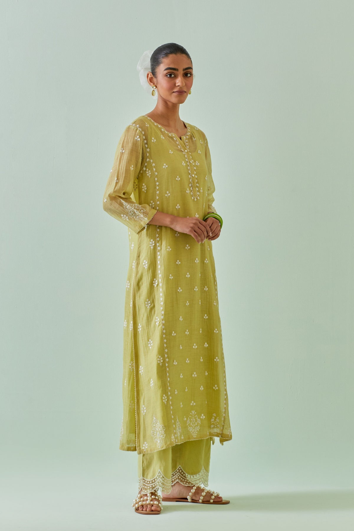 Green Scalloped Straight Kurta Set