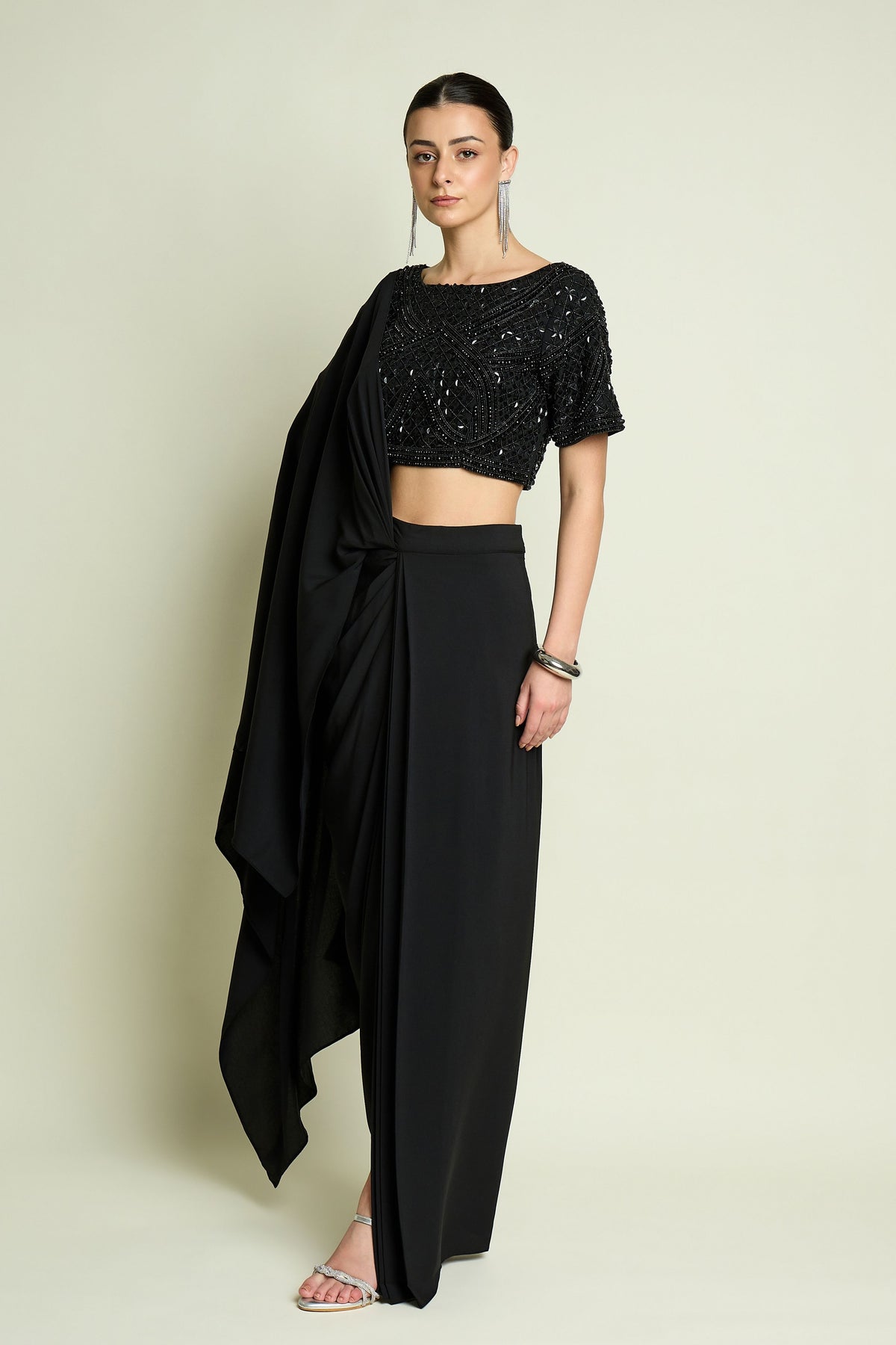 Noir Crystal Draped Saree Set