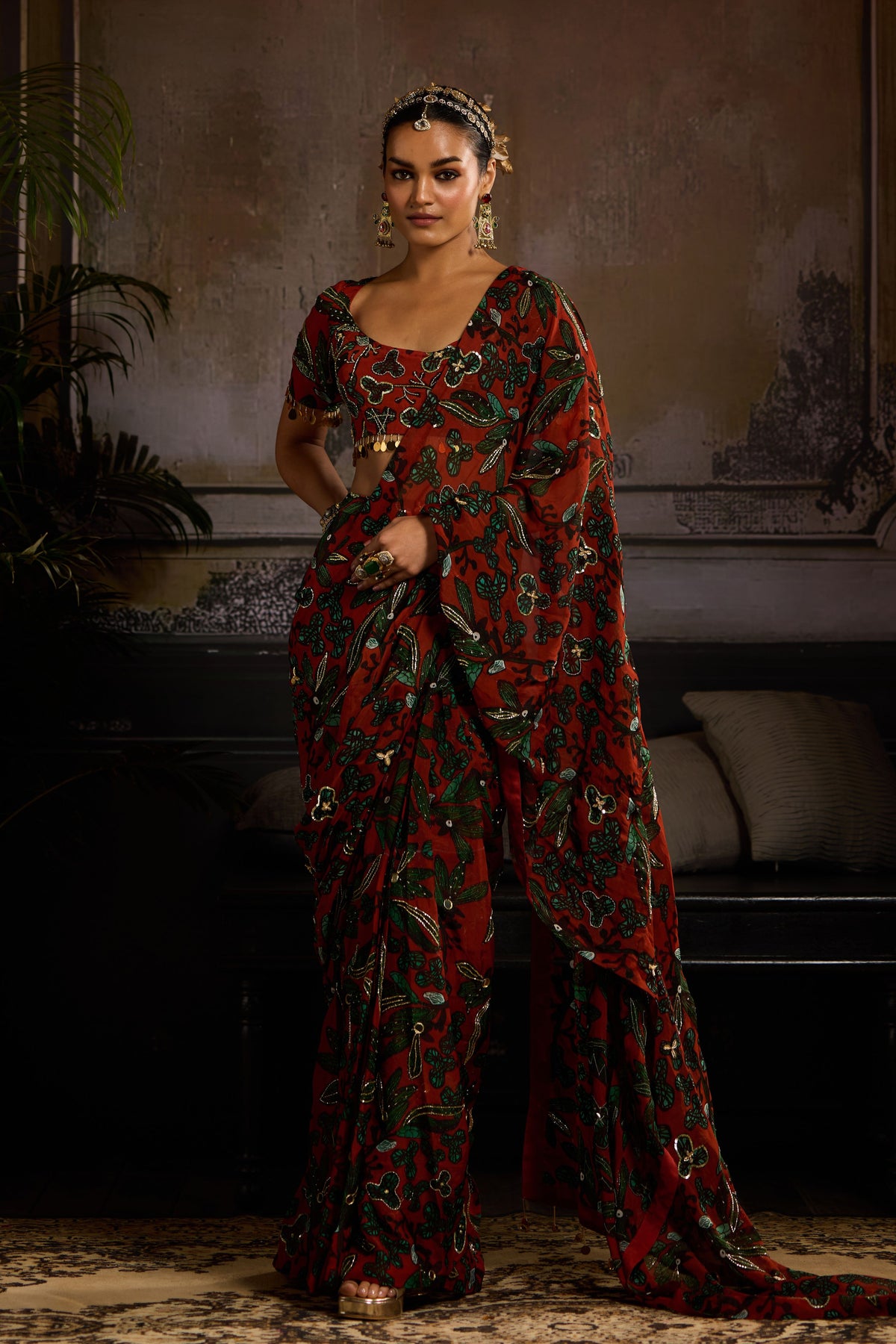 Rust Leaf Print Pre-draped Saree Set