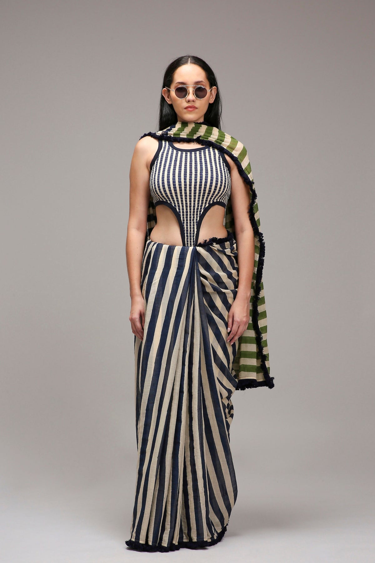 Egg-shell Bodysuit & Dual Striped Saree