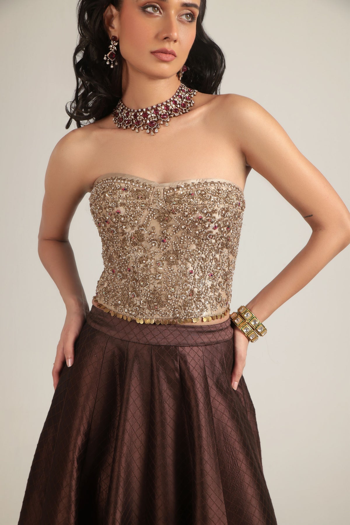 Brown Corset Quilted Lehenga Set