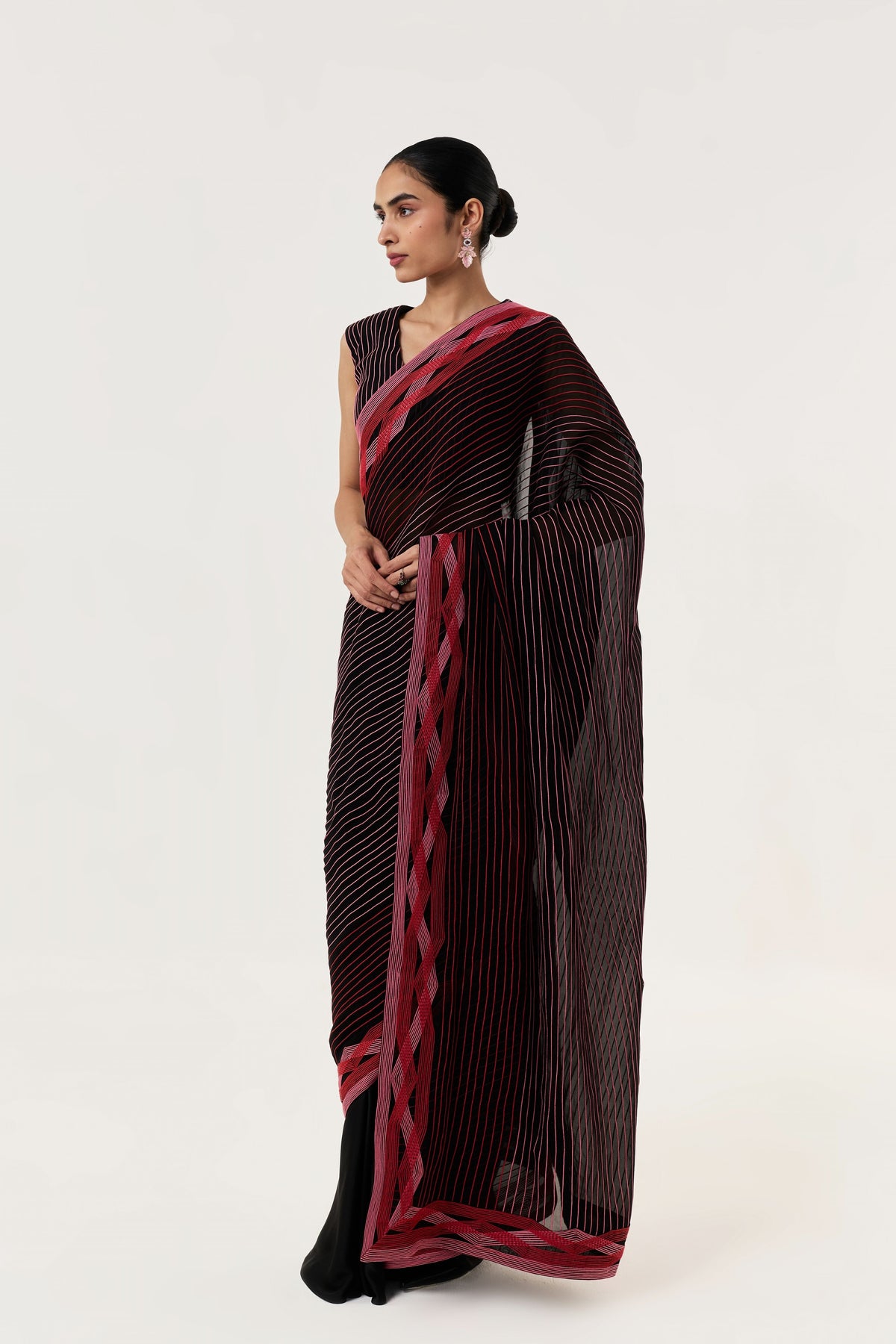 Entwined Black Red Corded Saree