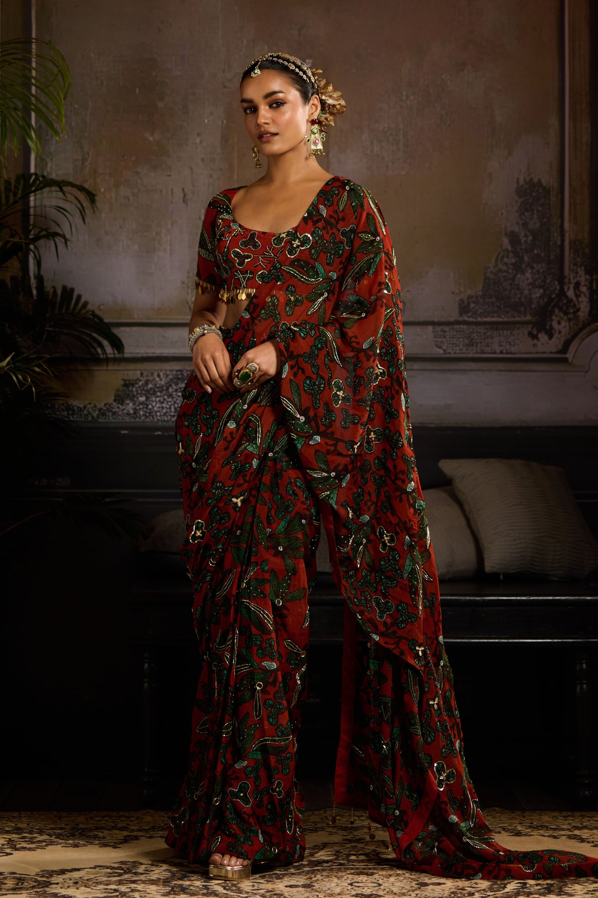 Rust Leaf Print Pre-draped Saree Set
