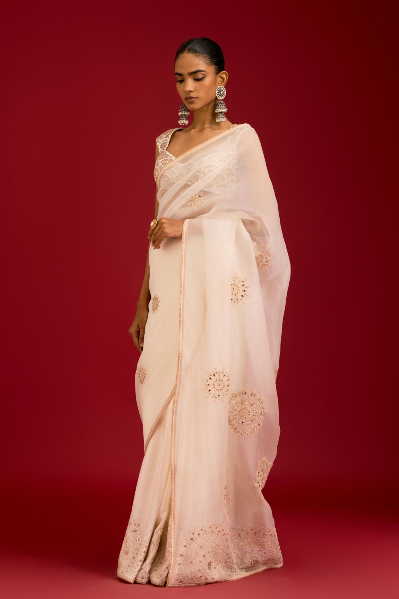 Ivory Embroidered Saree Set - Devnaagri - Elahe