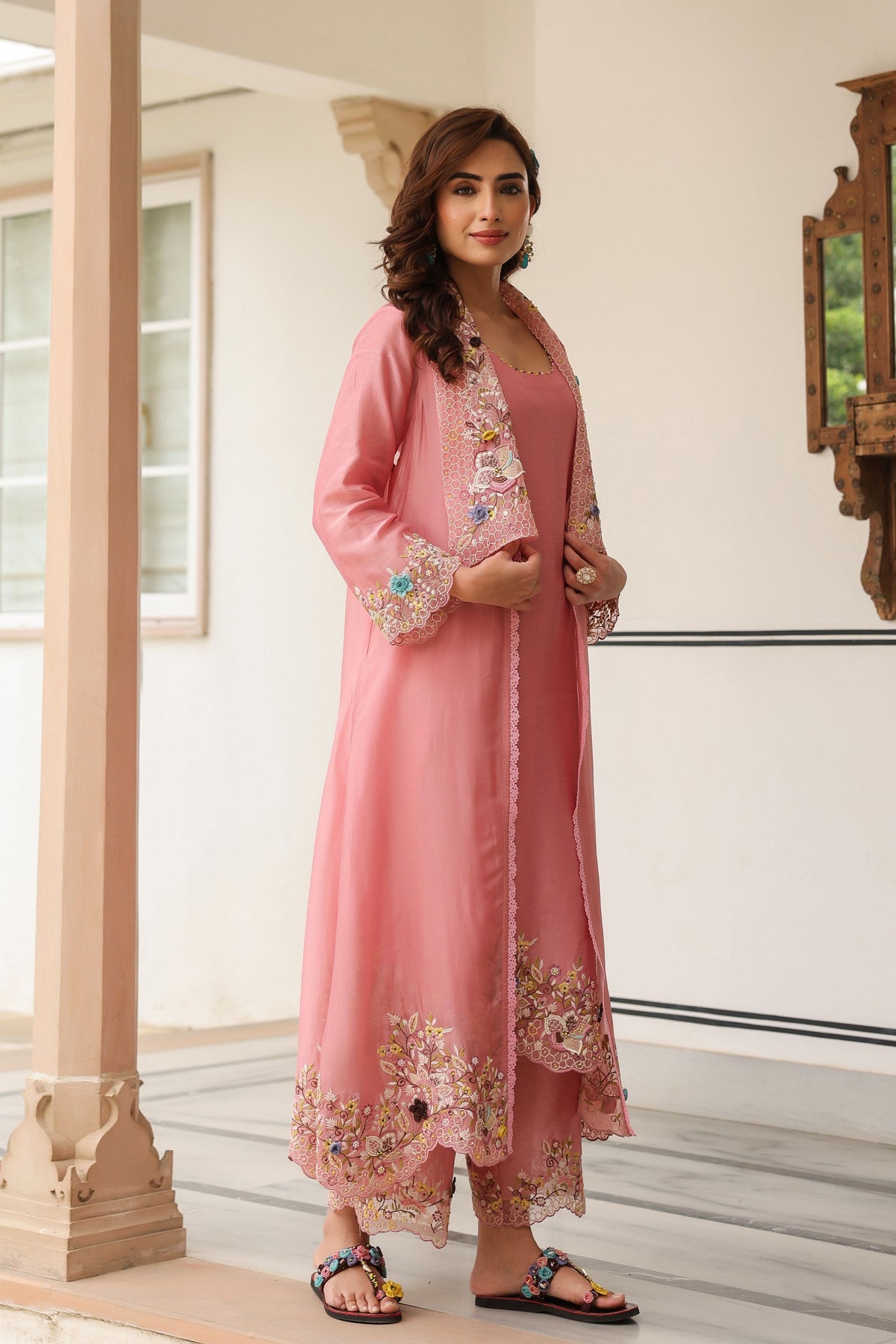 Gulzar Pink Embroidered Jacket Set