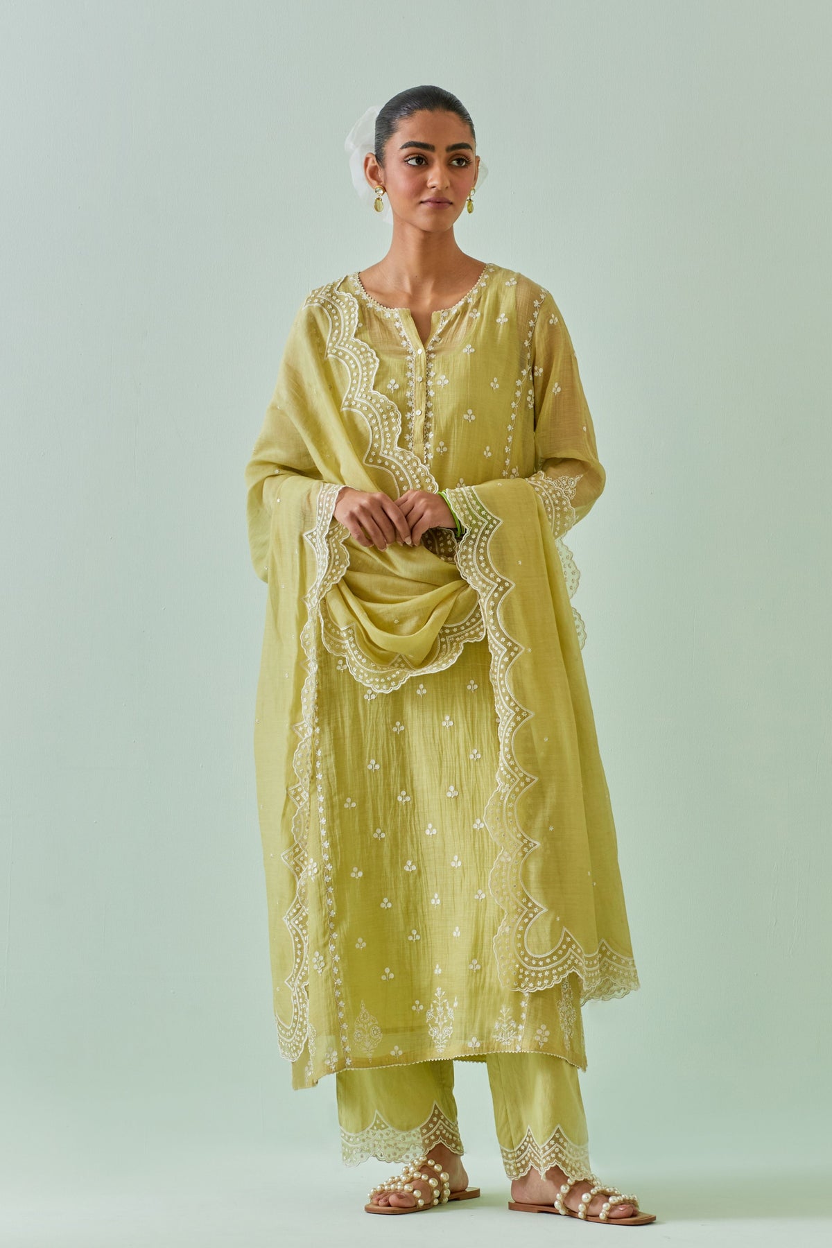 Green Scalloped Straight Kurta Set