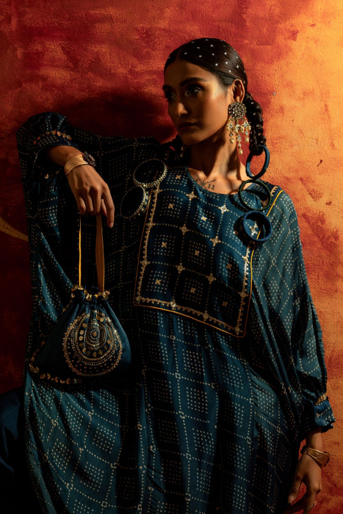 Hira Ajrakh Indigo Kaftan Set