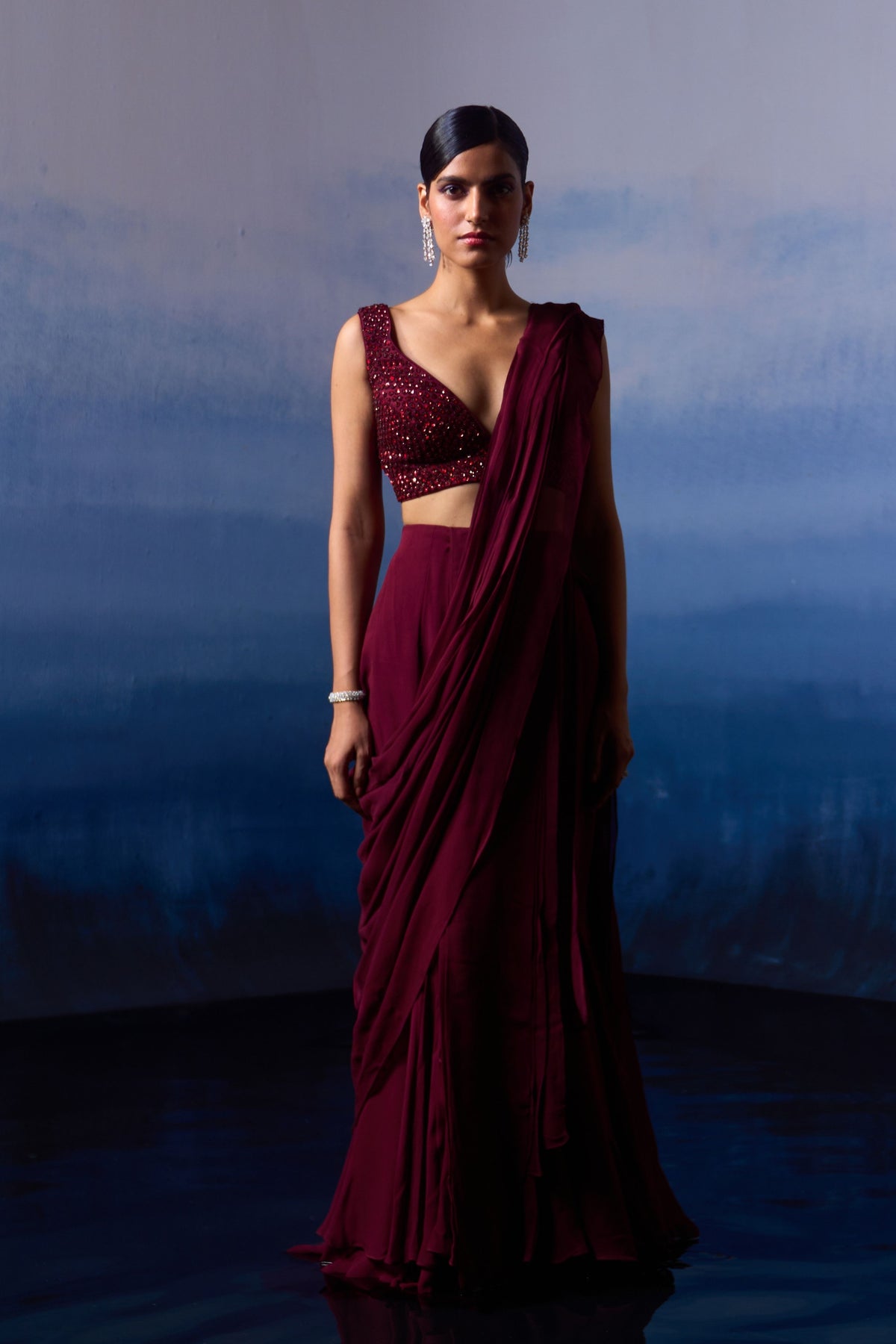 Burgundy Drape Saree Set