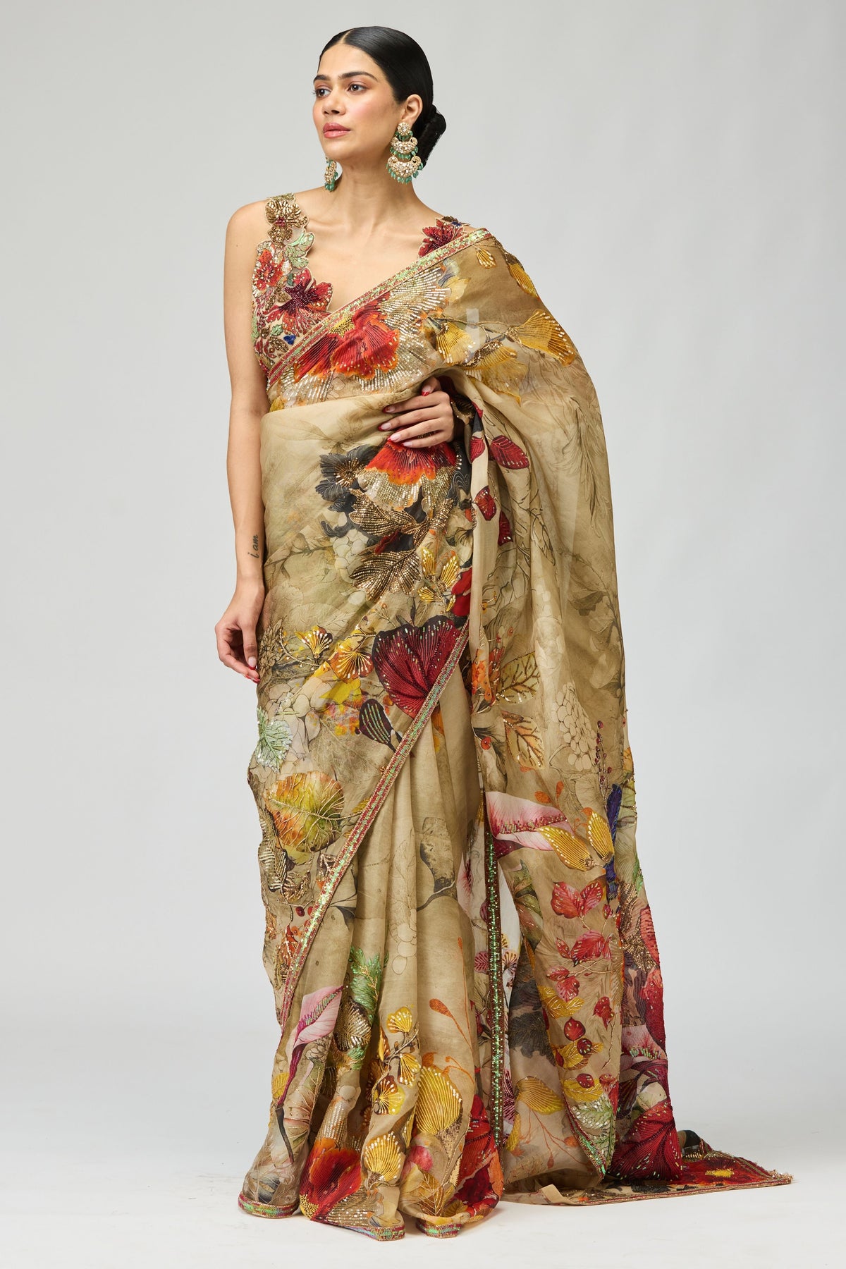 Beige Flower Motif Saree Set