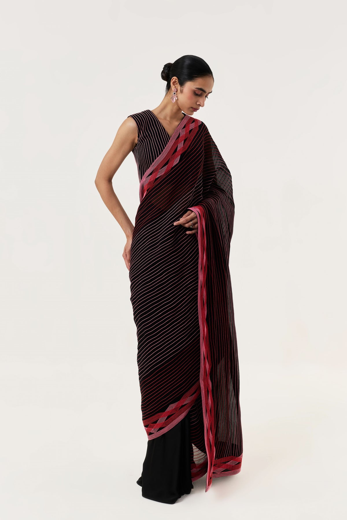 Entwined Black Red Corded Saree