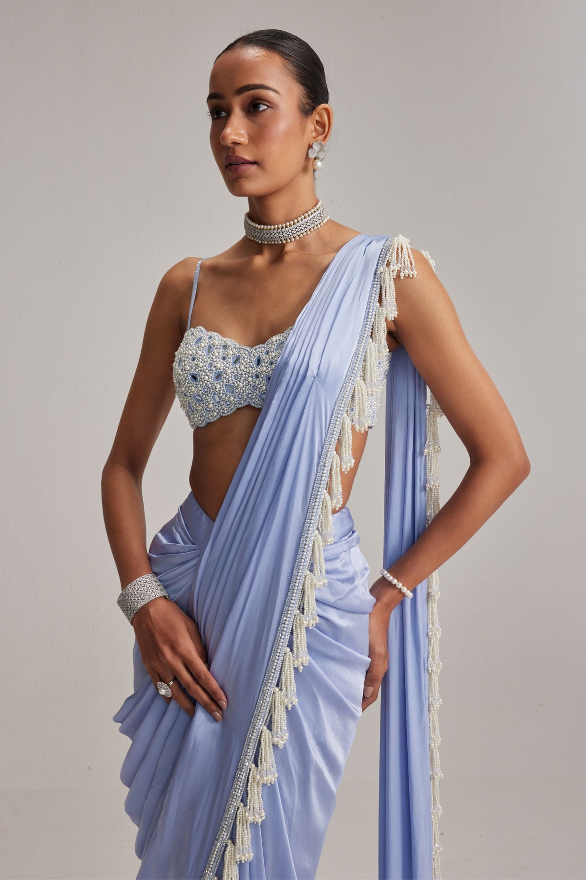 Dew Blue Satin Draped Saree Set