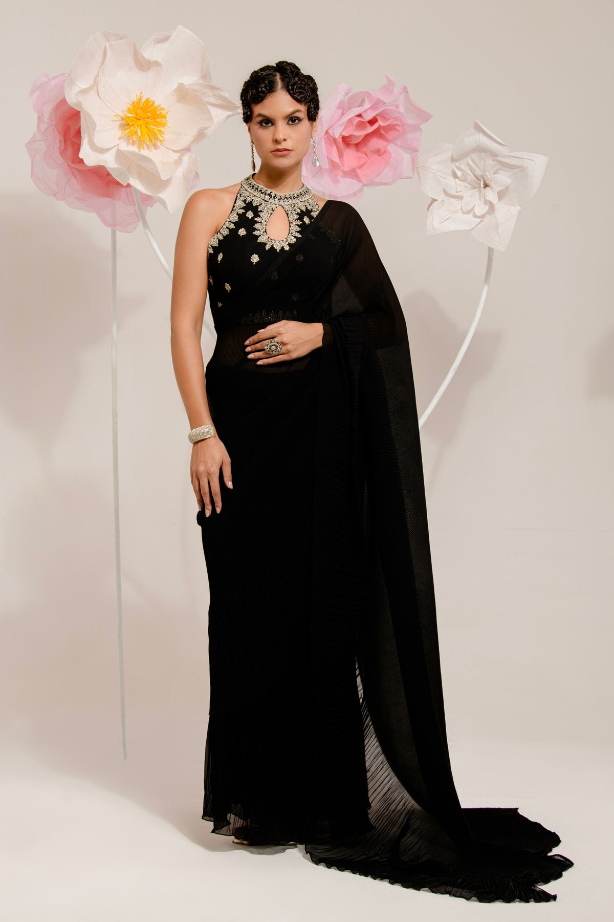 Pre-draped Black Pleated Saree Set