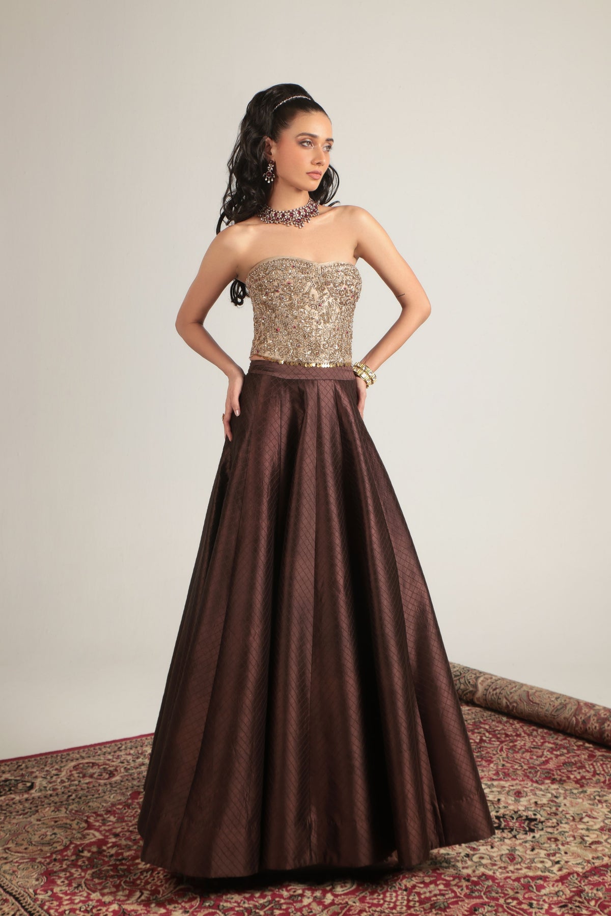 Brown Corset Quilted Lehenga Set