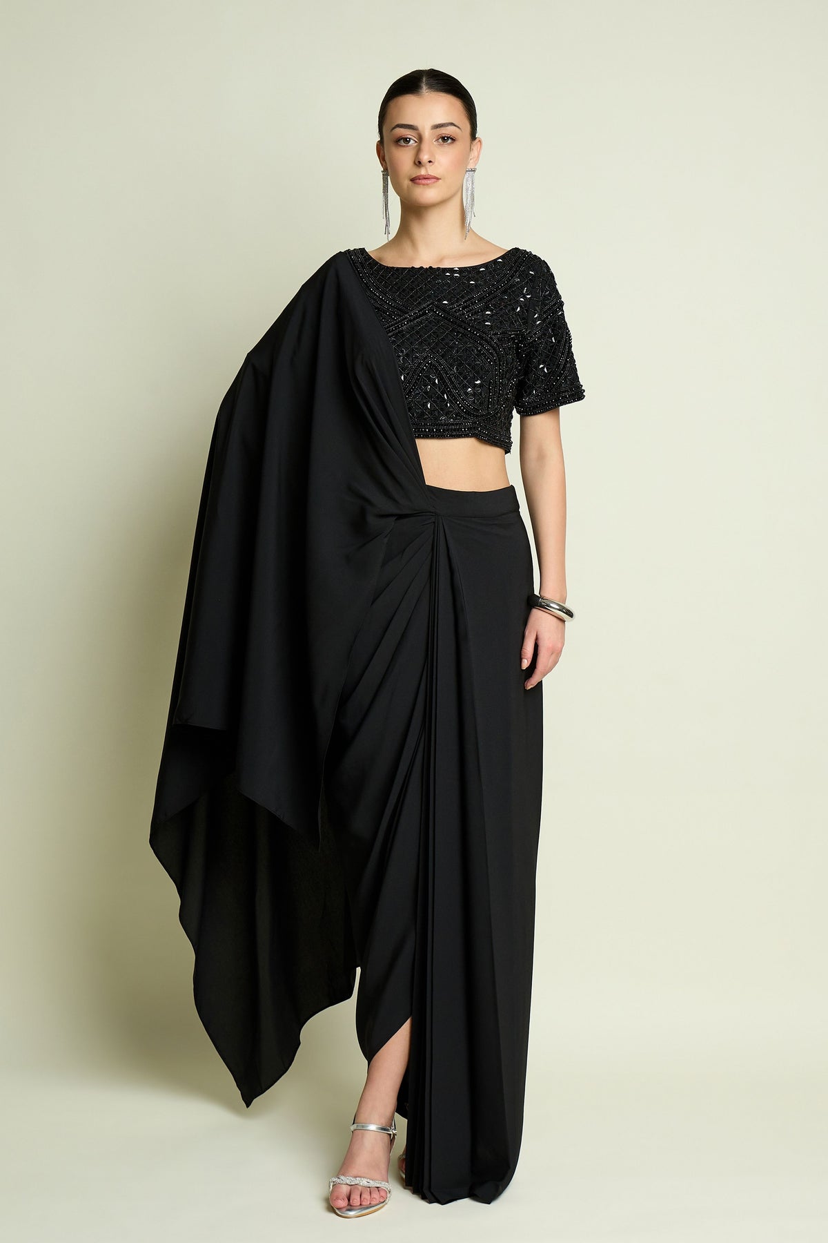 Noir Crystal Draped Saree Set