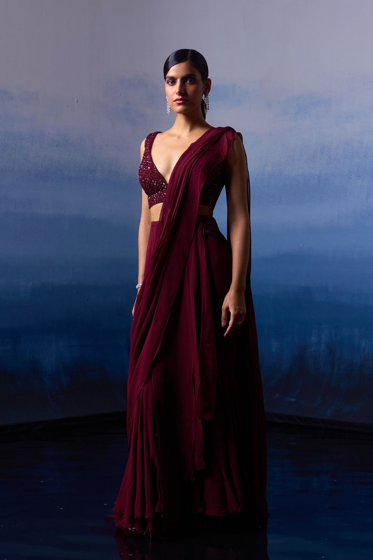 Burgundy Drape Saree Set
